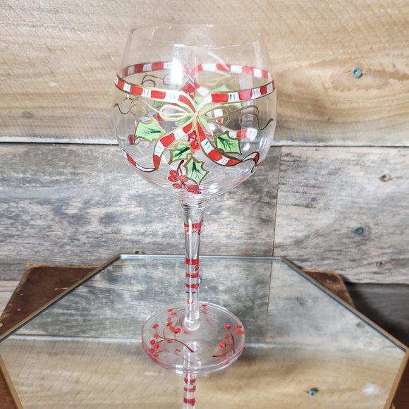 Handpainted Burgundy Wine Glass - Ribbon & Holly - Picture 4 of 6